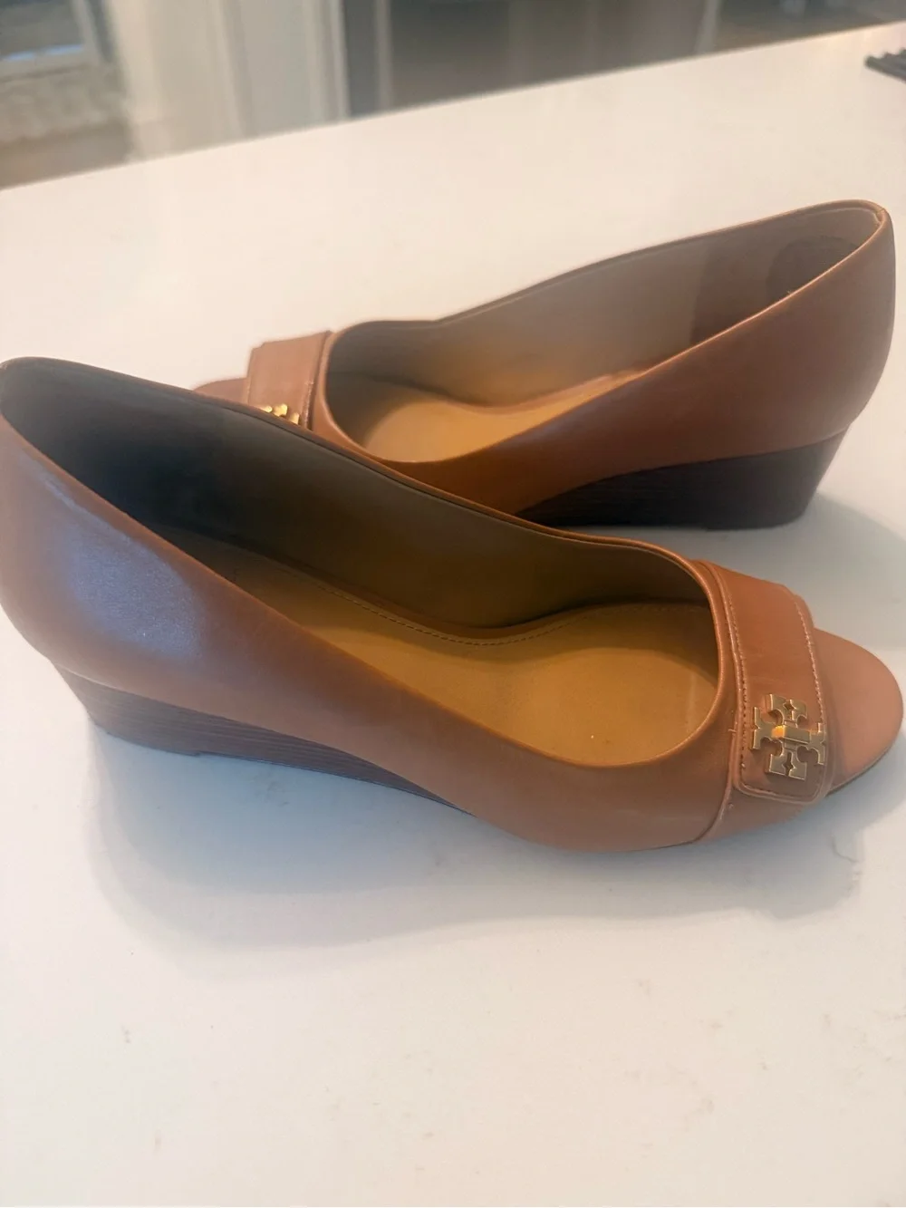 Tory Burch Kira Open Toe Wedge in Tan